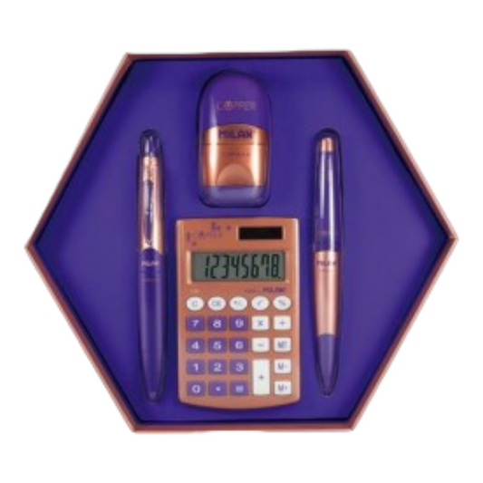 Σετ Δώρου Milan Copper Blue 4τεμ. (Γόμα - Ξύστρα Μονή, Στυλό, Μηχανικό Μολύβι Με Γόμα, Αριθμομηχανή)