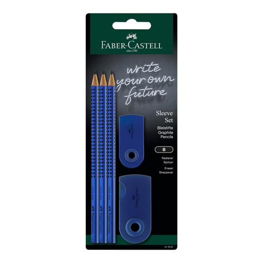 Σετ Faber-Castell με 3 Μολύβια Grip Μπλε, γόμα, ξύστρα Sleeve